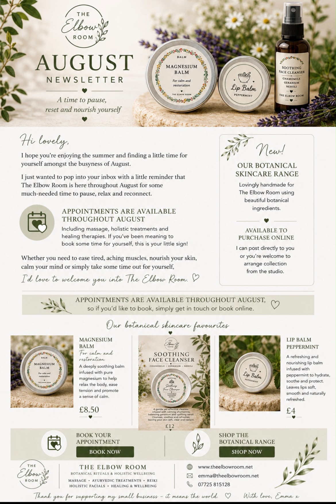 The Elbow Room August 2026 newsletter. Appointments available throughout August. New botanical skincare range available online, posted directly to you or collect from the studio. Featured: Magnesium Balm £8.50, Soothing Face Cleanser £12, Peppermint Lip Balm £4.