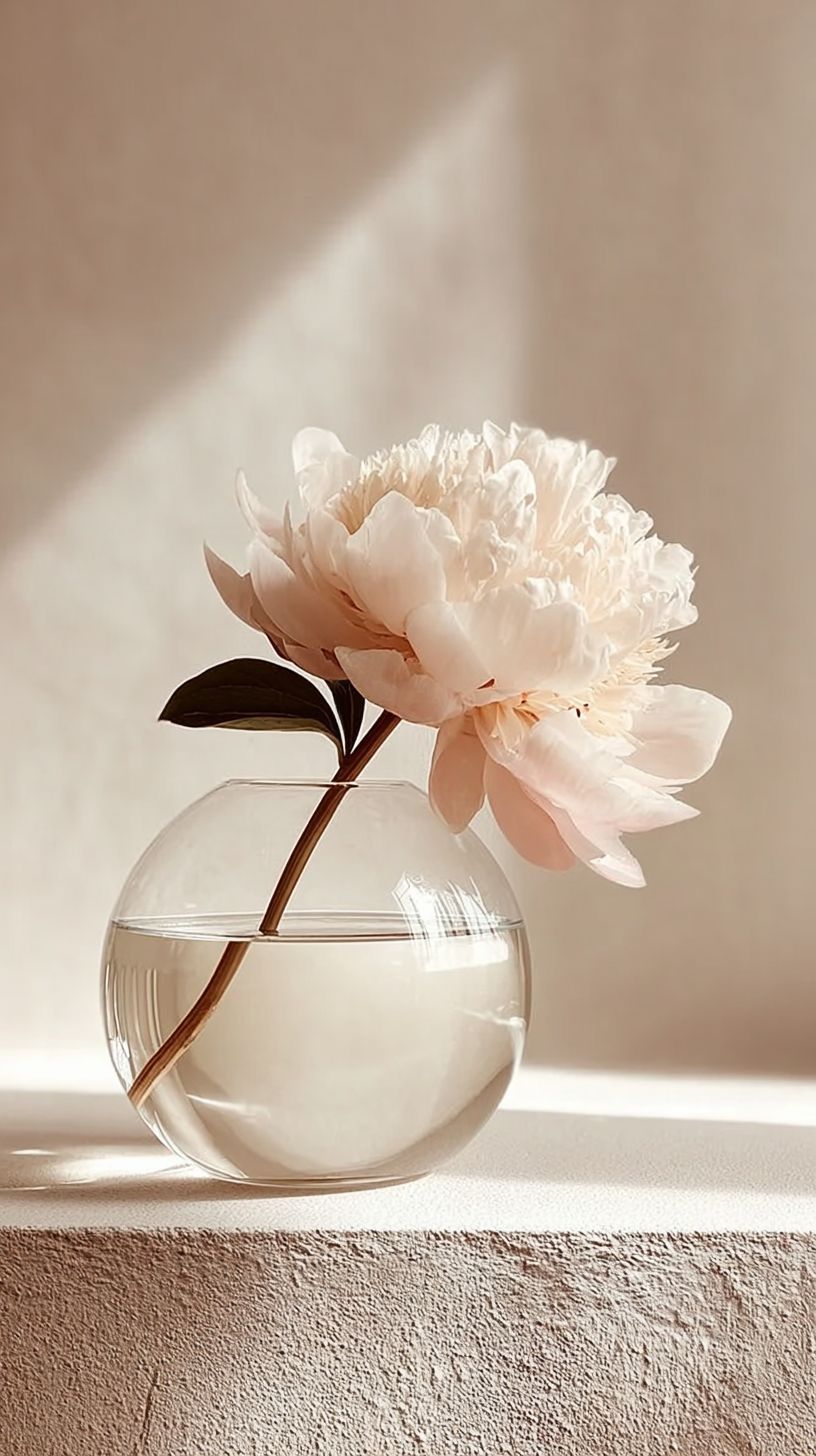 A soft blush peony in a glass vase — a moment of quiet at The Elbow Room