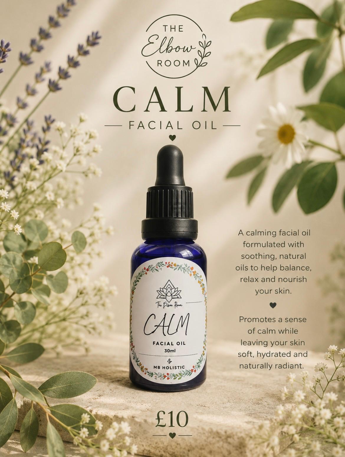 Calm Facial Oil in a dark blue dropper bottle, dappled sunlight and eucalyptus around it
